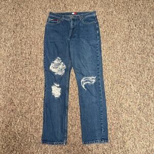 Vintage Tommy Hilfiger Womens 9/30 Jeans Straight Leg Denim Flag Ripped